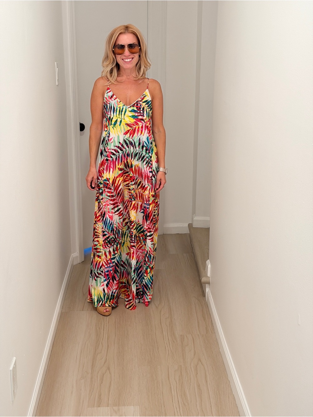 Nicole Miller White Bodice Maxi Dress with Multicolor Tropical Print
